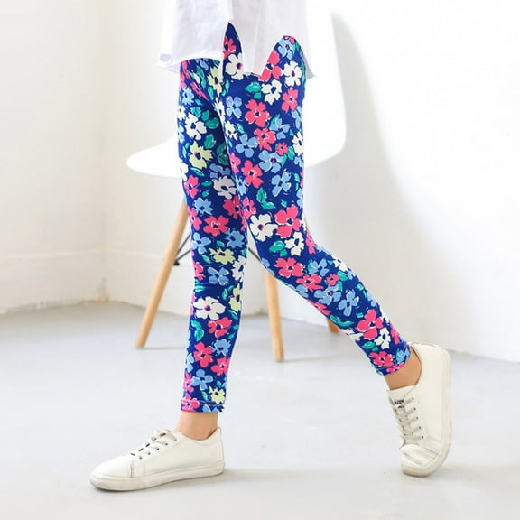 Kids Girls Ankle Length Leggings Printing Flower Classic Stretch Pants Cozy Girls Pants Dark Blue 8-9 Years