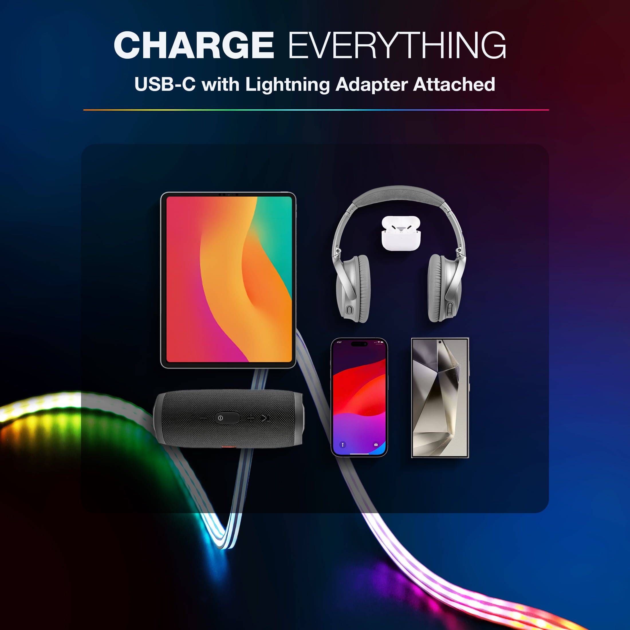 TYPE S Charge & Glow LED Charging Cable, USB-A to USB-C with Lightning Adapter, 3 FT, 10+ Light Modes with Touch Button Control, AC535224