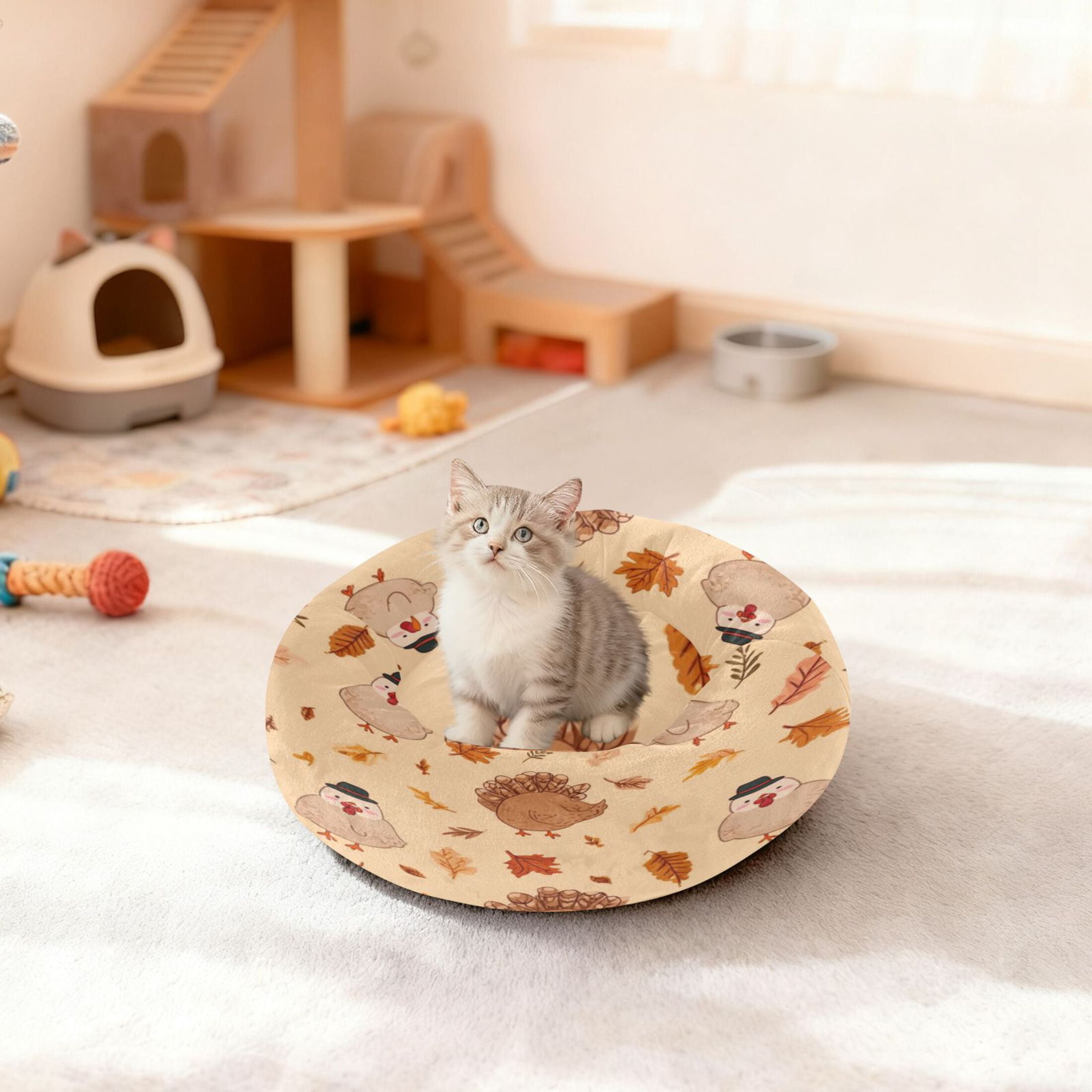 Iauyy Pet Couch Donut Cat Bed for Indoor Cats/Small Dogs Washable & Machine with Non-slip Bottom Calming Cat Furniture, Autumn Leaves (M)