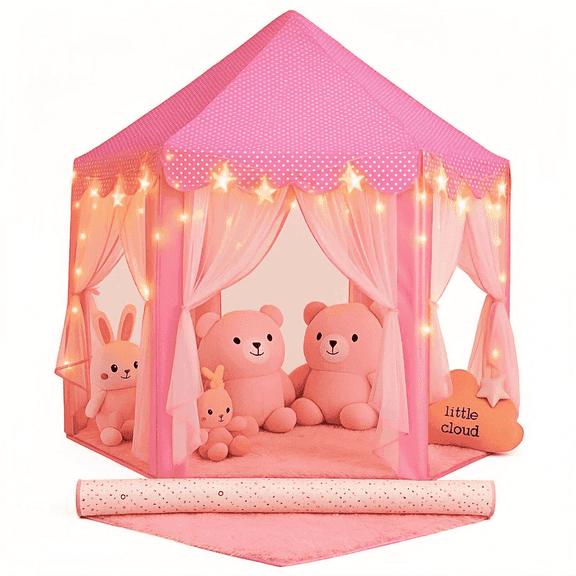 Wilwolfer Princess Play Tent for Girls with Rug – Pink Indoor Castle Playhouse for Kids, Pretend Play Toy for Indoor & Outdoor Use