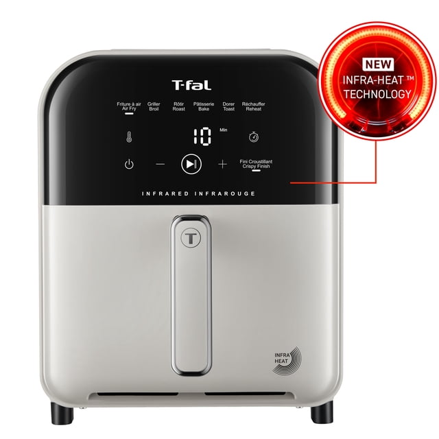 T-fal 7-in-1 infrared air fryer with 5L capacity, digital display of cooking functions and timer, featuring new Infra-Heat™ Technology for faster and crispier results.