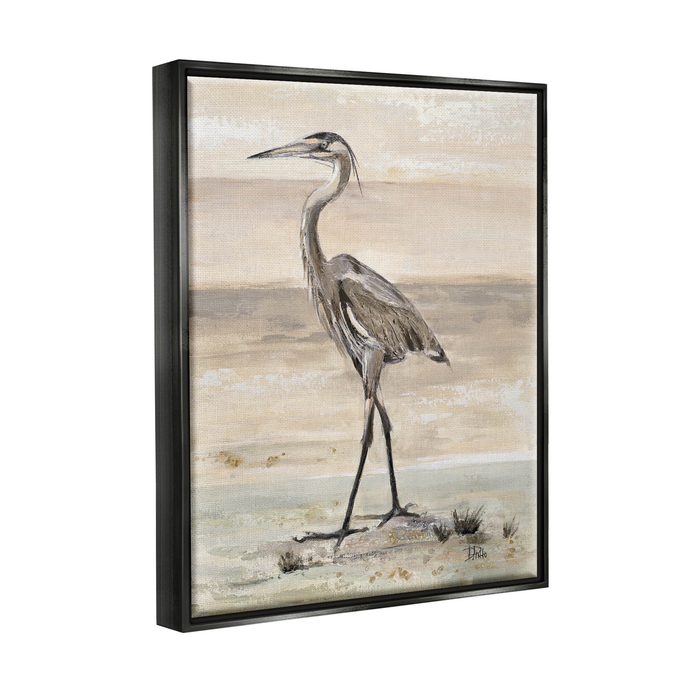 Stupell Industries Crane Bird Beach Shore Painting Jet Black Floating Framed Canvas Print Wall Art, Design by Patricia Pinto