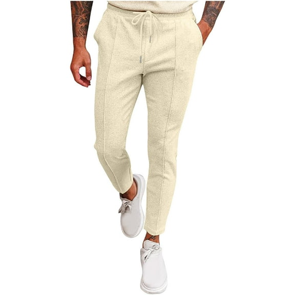 Tdoqot Mens Pants Straight Leg Waffle Slim Fit With Pockets Casual Mens Sweatpants Khaki Size 3XL
