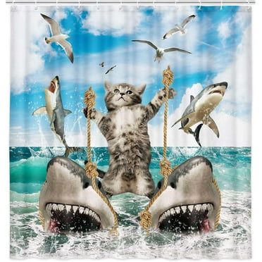 PISONIC Funny Cat Shower Curtain, Fun Cat Riding Shark Shower Curtain Liner, Ocean Sea Blue Kids Waterproof Bathroom Curtain Set with Hooks 36x70inches