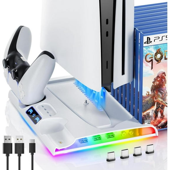 PS5 Slim Stand Cooling Station with Controller Charging Station for Playsation 5 Slim, PS5 Slim Accessories Kits with Cooling Fan,RGB LED,and Game Slot