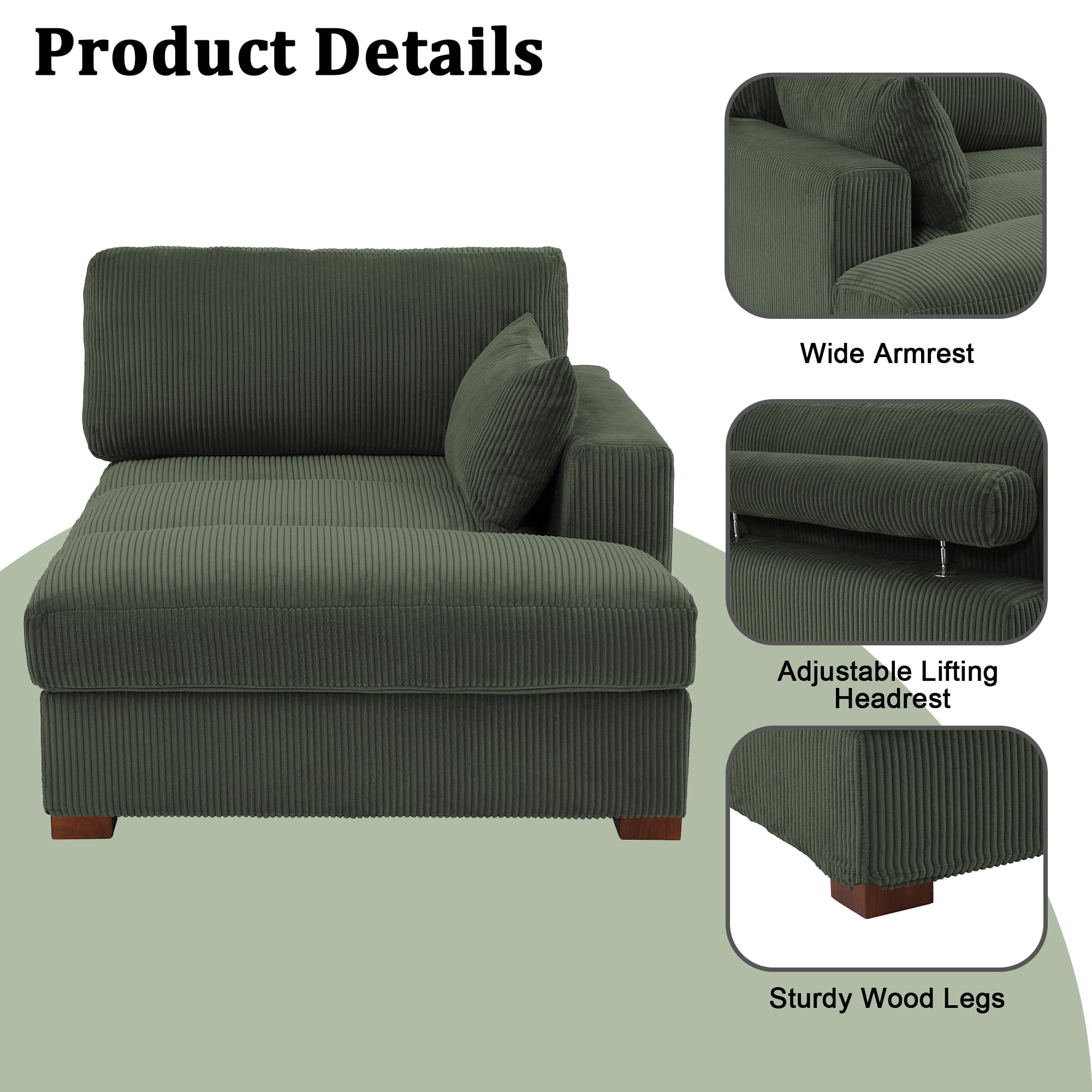 UIXE Chaise Lounge Indoor Upholstered Corduroy Sofa with Left Armrest for Living Room Bedroom, Green