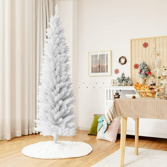DORTALA White Pencil Christmas Tree 7 FT, Unlit Artificial Slim Xmas Tree with 436 Branch Tips, Metal Stand, Skinny Holiday Decor Tree for Home Office
