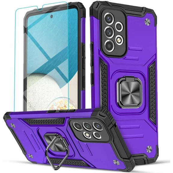 Circlemalls Case for Samsung Galaxy A33 5G, Tempered Glass Screen Protector, Ring Stand Shockproof Cover-Purple