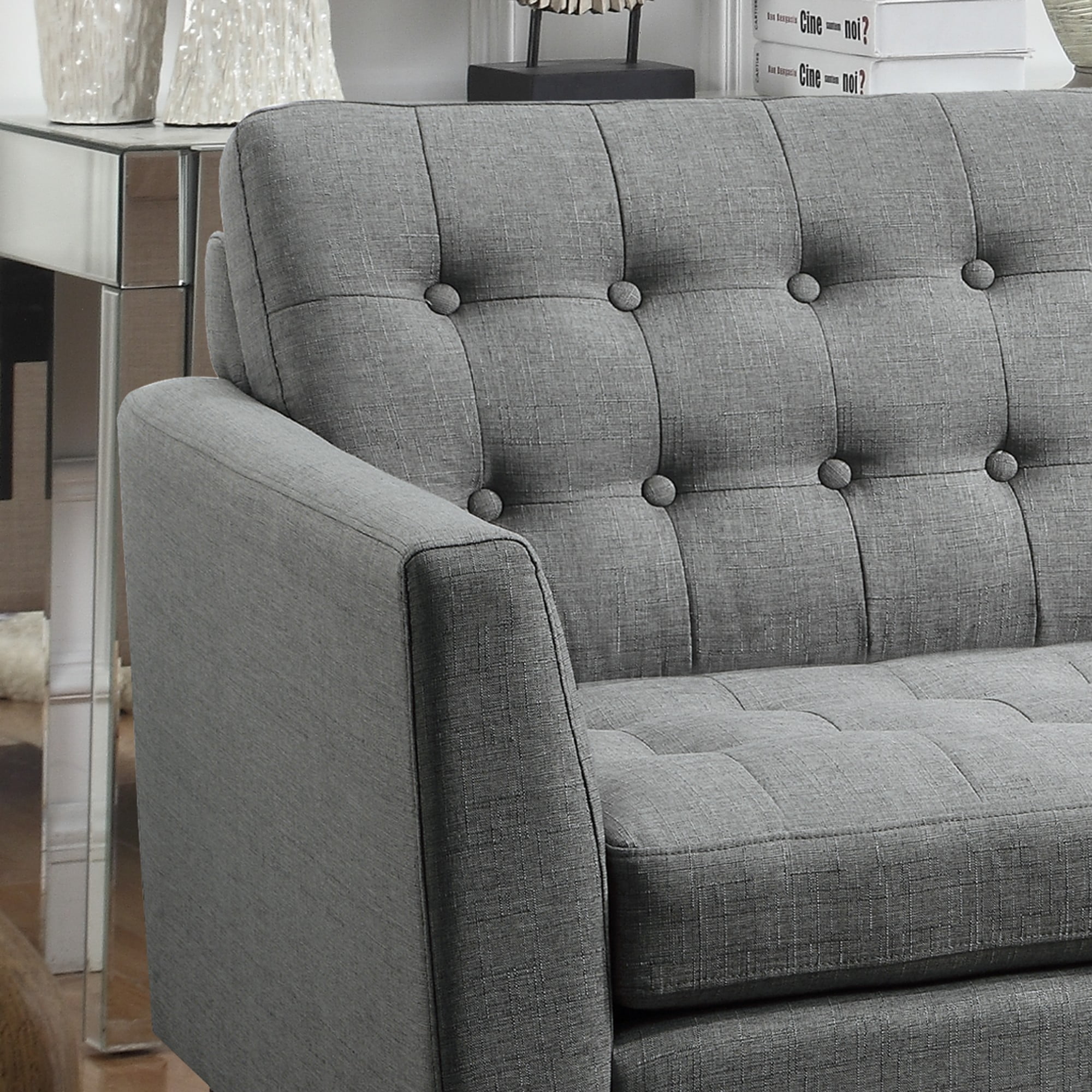 Gewnee Grey 68-Inch Linen Loveseat Sofa - 2-Seater Upholstered Couch with Solid Rubberwood Legs, 100% Linen Fabric & Button-Tufted Backrest for Living Room/Bedroom