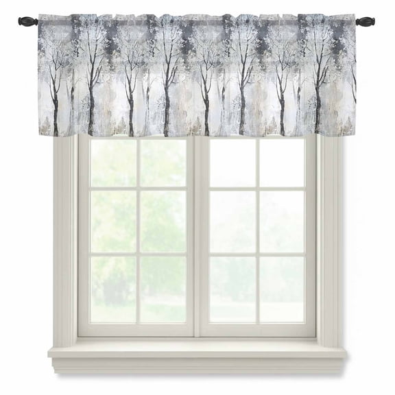 Grey Forest Sheer Curtains Valances for Windows Abstract Vintage Oil Painting Trees Chiffon Kitchen Valances for Cafe, Rod Pocket Voile Window Treatments Curtains for Living Room Bedroom, 54"x18"