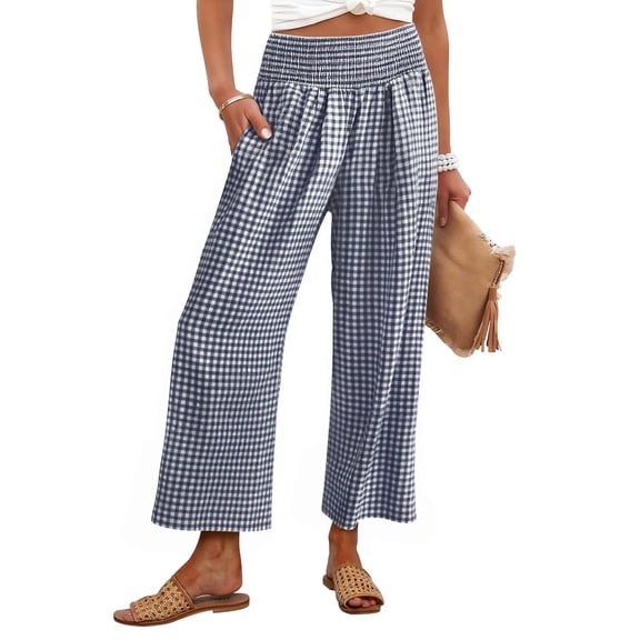 Women Striped Gingham Wide Leg Palazzo Pants Casual Lounge Cropped PJ Bottoms Comfy Cute Plaid Pants with Pockets Navy L