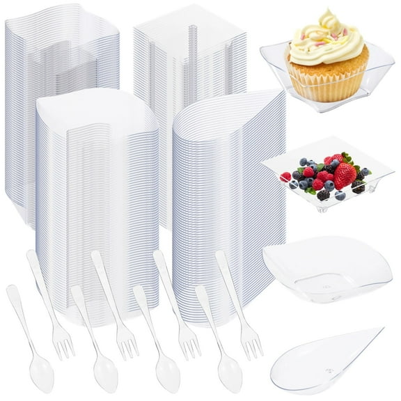 800 PCS Mini Appetizer Plates Set, Includes 400 Assorted Disposable Plastic Dessert Trays in 4 Shapes, 200 Mini Spoons, 200 Mini Forks, Tasting Dishes for Party, Buffet, Wedding