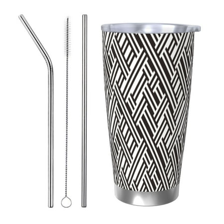 

Zeuib Black White Stripes Printed 20oz Stainless Steel Insulated Car Cup Stainless Steel Thermal Cup Vacuum Insulated Leak-proof Travel Mug Cup-Straw Three-piece Set