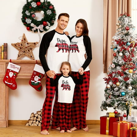 

PatPat Family Matching Christmas Pajamas Set Bear Letter Print Holiday Xmas Loungewear Long Sleeve Tops and Plaid Pants for Sleepwear Soft Jammies Pj Set Flame Resistant