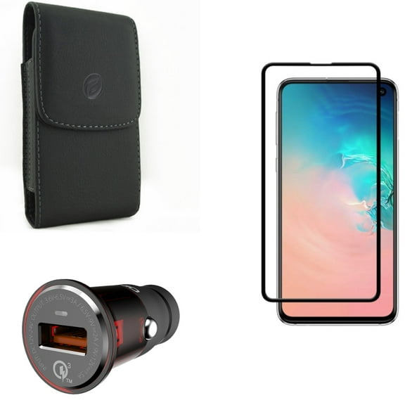 Galaxy S10e Case Belt Clip w Screen Protector w Car Charger - Leather Holster Cover, Tempered Glass 5D Curved Edge, 18W Fast USB Port Power for Samsung Galaxy S10e Phone