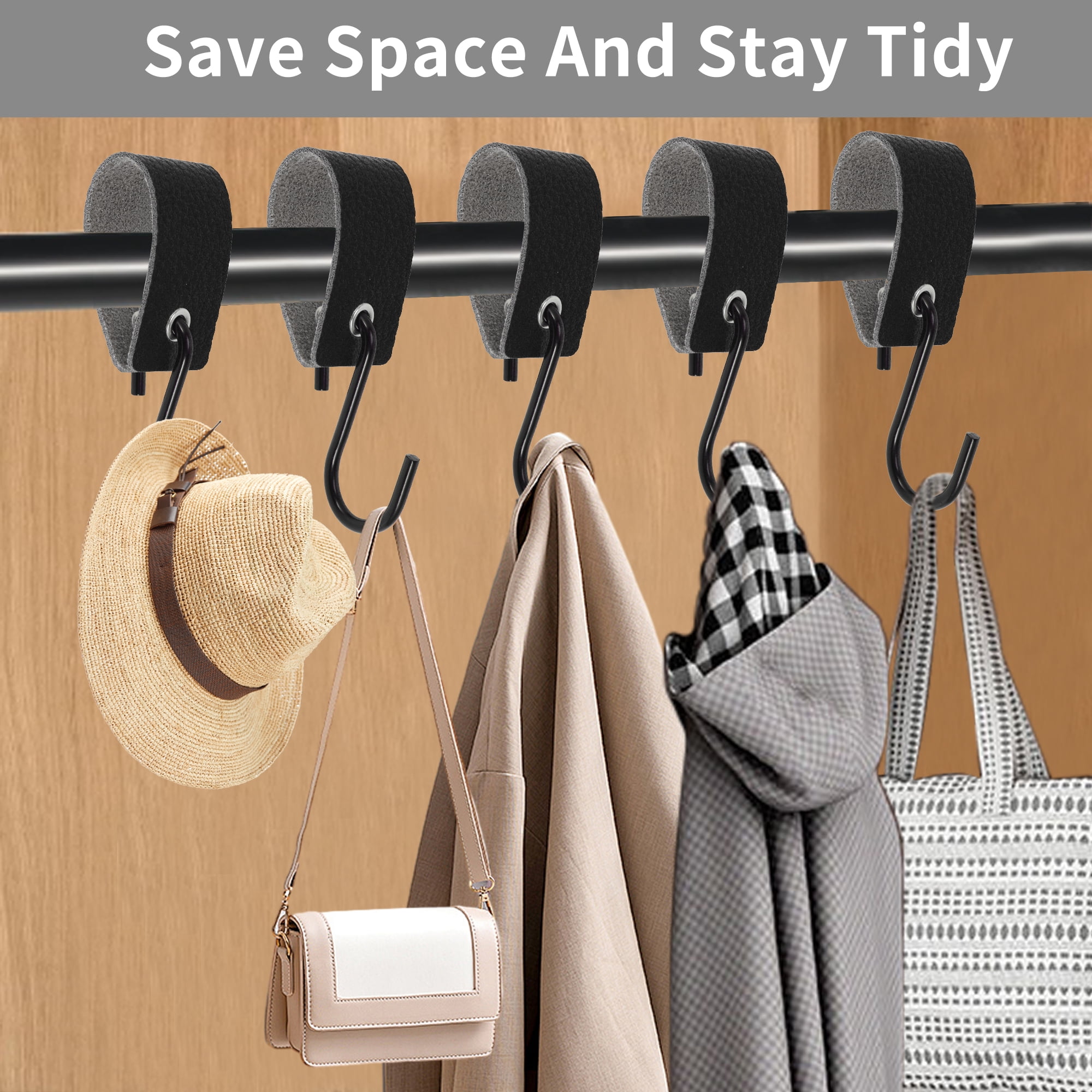Unique Bargains Pack of 5 S Hooks with Leather Loop for Wardrobe Black