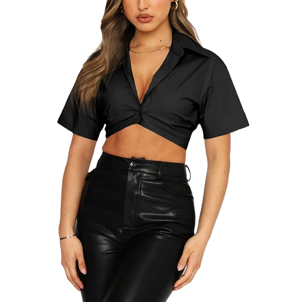 Txlixc Blusa de mujer, blusa de botón plano, blusa de ombligo de mujer Txlixc moda