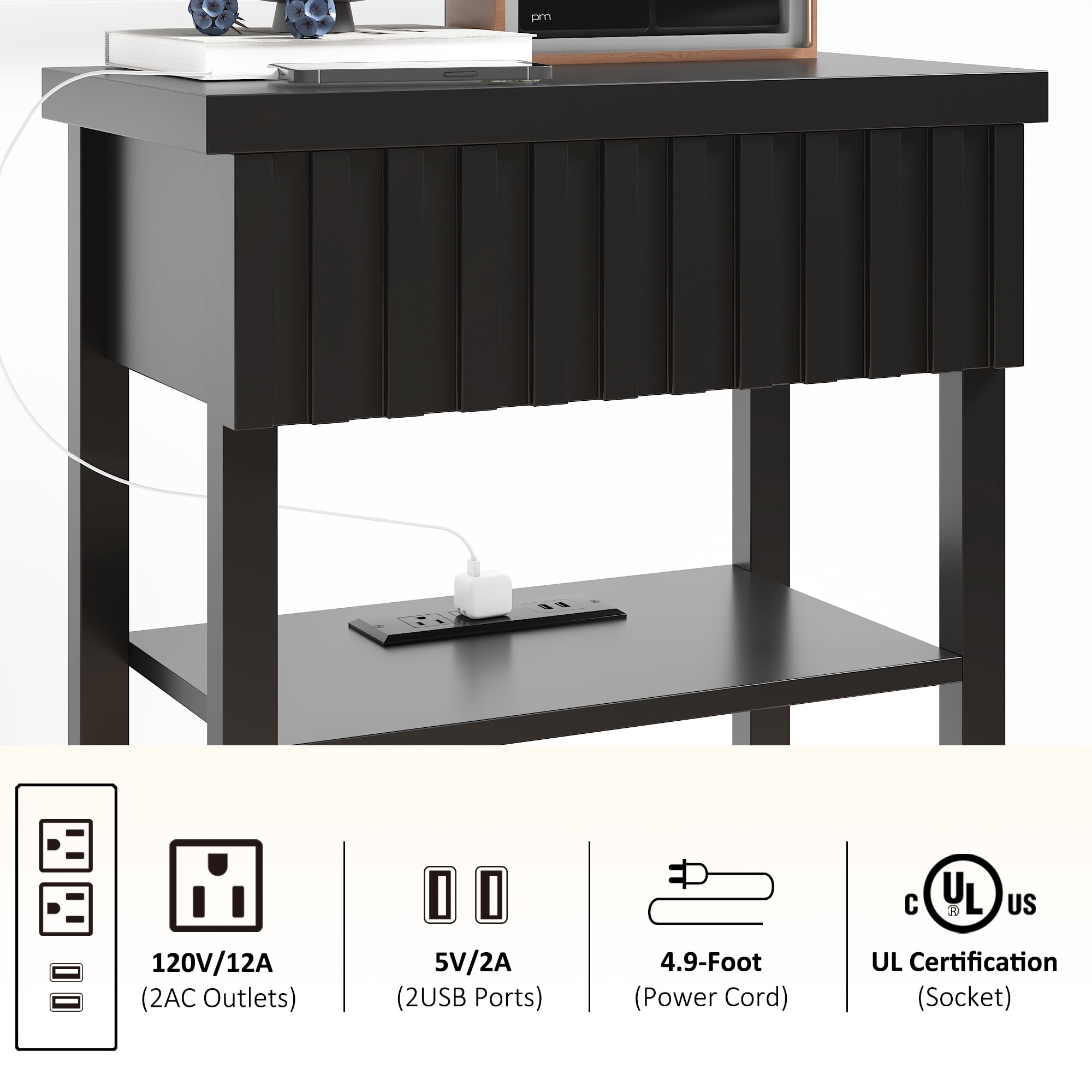 Fluted Nightstand with Charging Station,Farmhouse Night Stand with Drawer & 2 Open Storage Shelves,Modern Side Table for Bedroom Small Space Living Room Entryway,Black