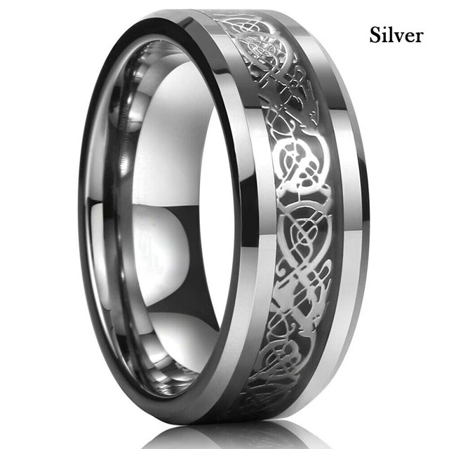 Fashion Men's 8mm Red Tungsten Wedding Celtic Dragon Rings Inlaid Blue Zircon Stainless Steel Green Carbon Fibre Rings For Men H 8