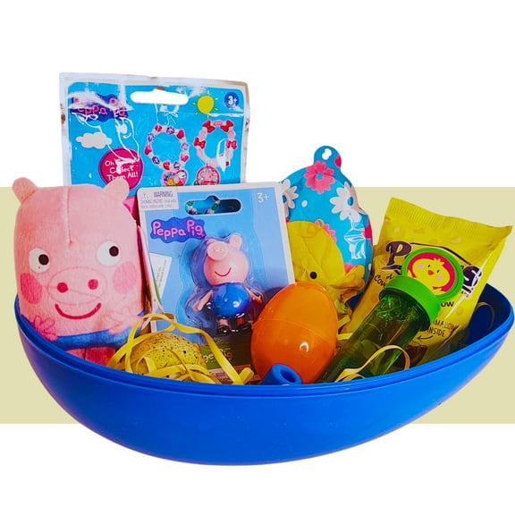 Happy Easter Basket Pre-Filled Surprise Jumbo Egg w/ George Pig Plush Toy Kids Boys Balloon Eggs Peeps Candies & Reusable Plastic Egg-Shaped Container Spring Party Favors (Contents Vary)
