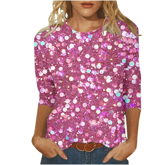 Plus Size 3/4 Sleeve Tops for Womens Fashion Sequins T Shirts Dressy Casual Loose Tunic Tees Blouse