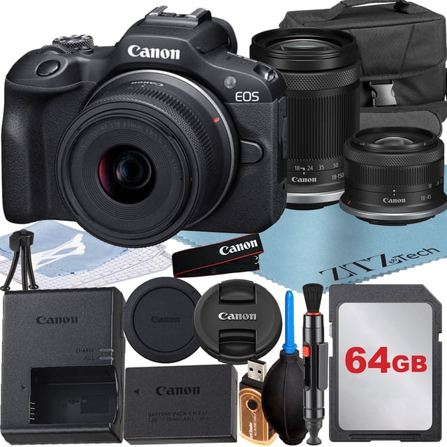 Canon EOS R100 Mirrorless Camera with RF-S 18-45mm + 18-150mm Lens + 64GB Memory Card + Case + ZeeTech Accessory Bundle