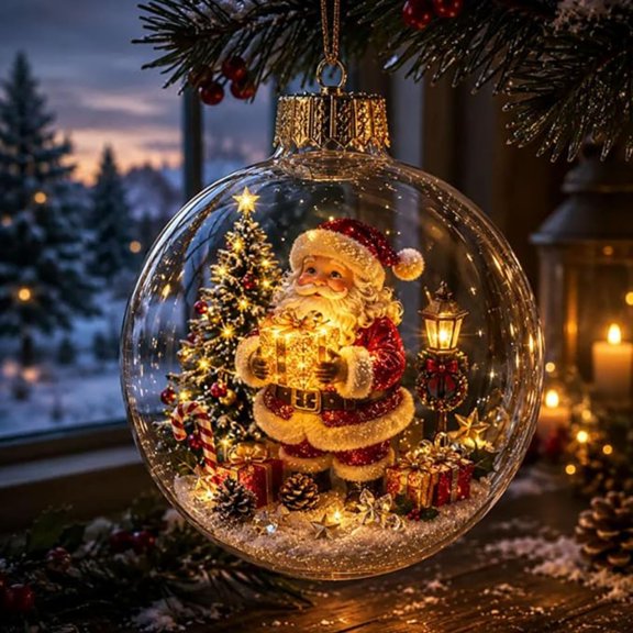 Glowing Christmas Diorama Ornament 3.14 Inch Clear Acrylic Scene, Warm LED Light Illuminates Intricate Miniature Scenes for Holiday Hanging Decor Home Displays Family Gifts and Keepsakes