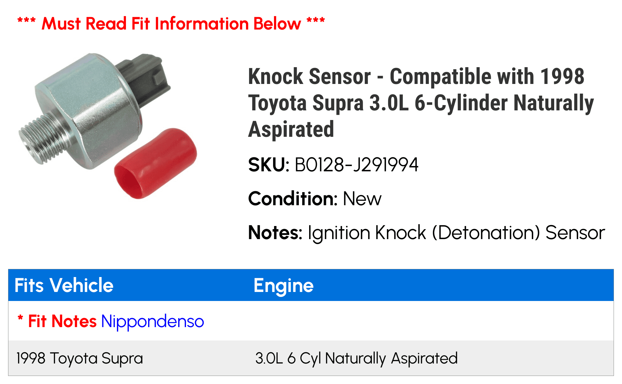 Knock Sensor - Compatible with 1998 Toyota Supra 3.0L 6-Cylinder Naturally Aspirated