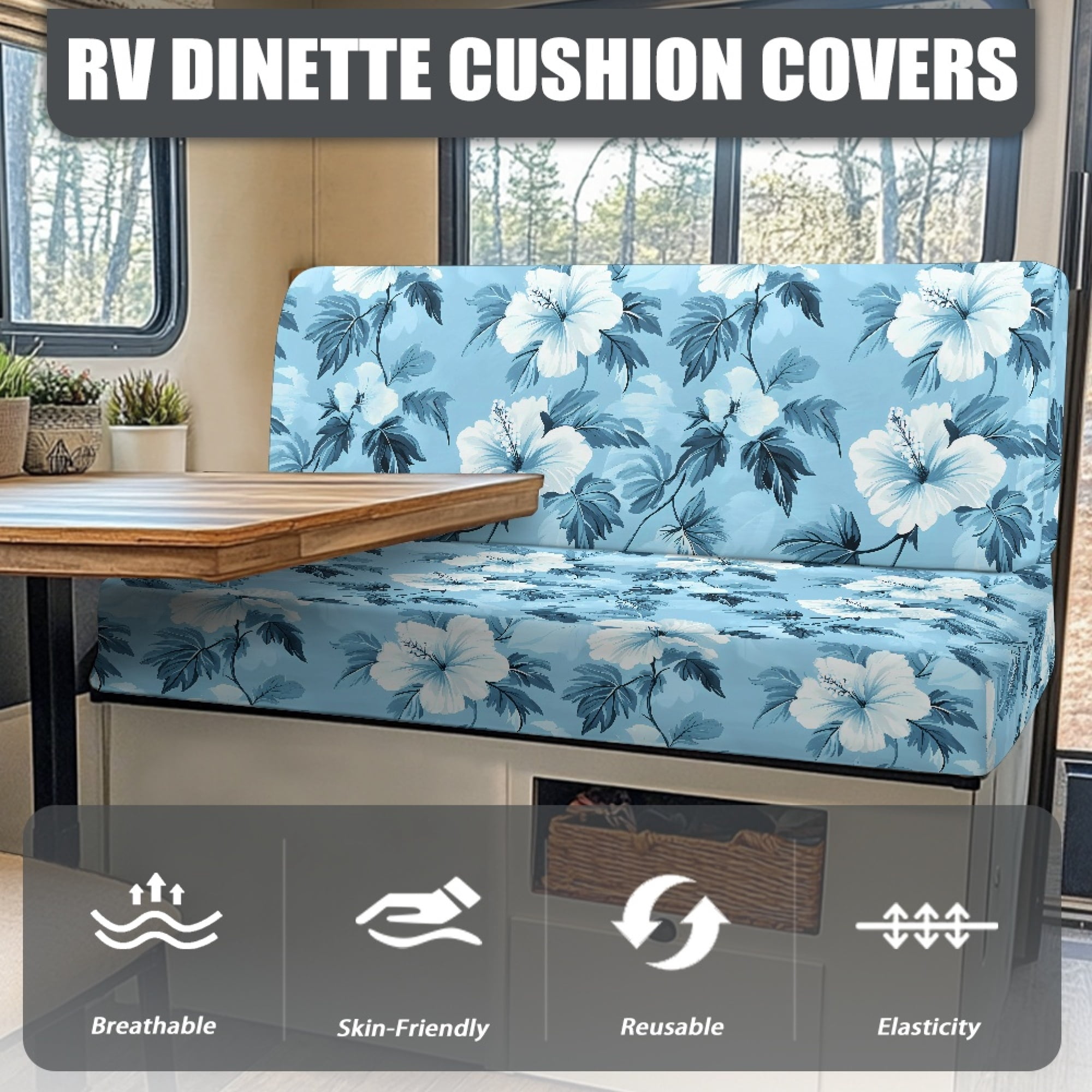 Yuyamidu Blue Hibiscus RV Dinette Cushion Covers Set Comfortable Dinette Couch Protector for RV Camper Cushion Covers Fashion Seat Sofa Chair Cover RV Accessory