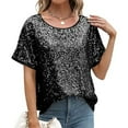 thumbnail image 2 of Dyfzdhu Sequin Tops for Women Short Sleeve Glitter T Shirt Boat Neck Loose Trendy Casual Sparkly Blouse Party Club Wear Black, 2 of 5