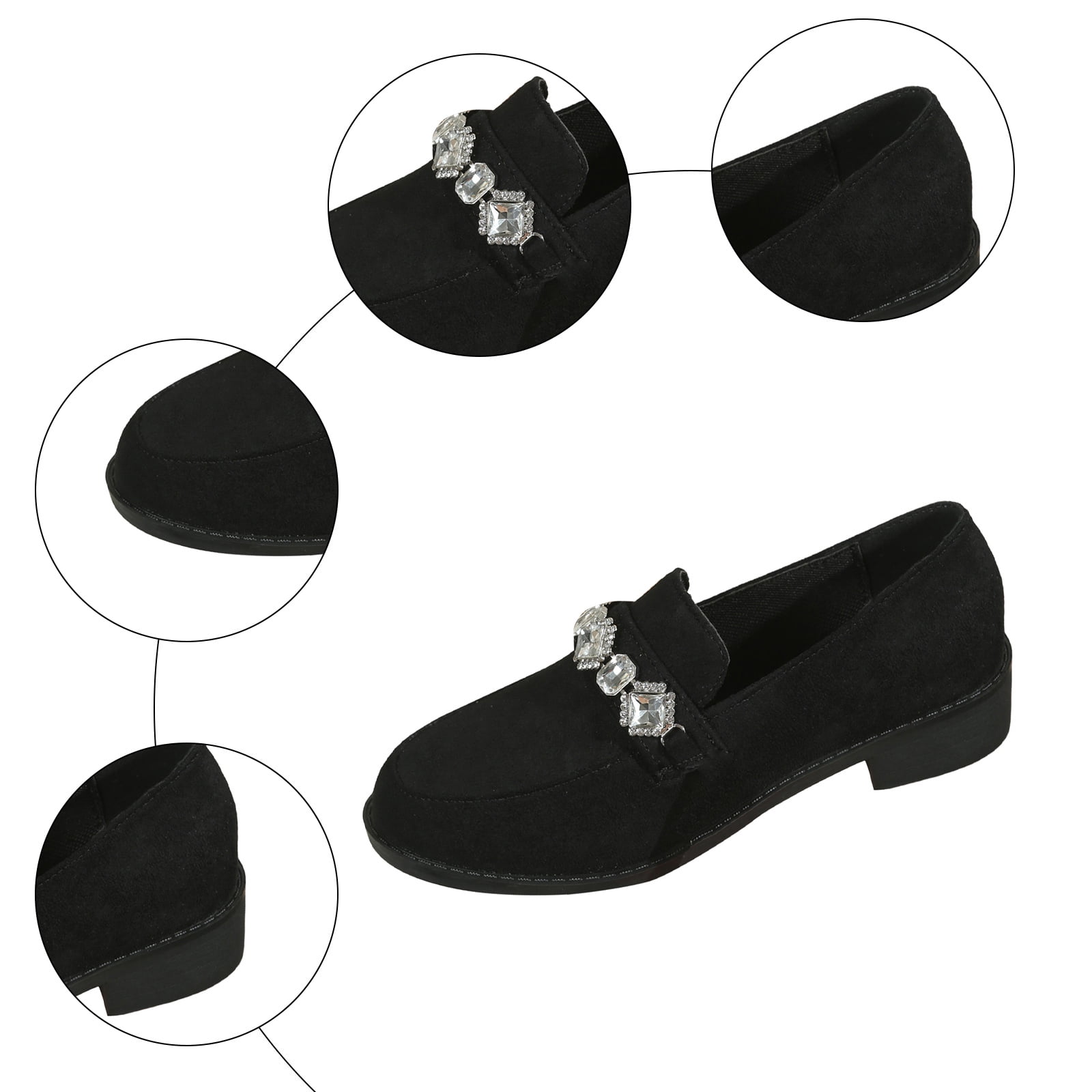 Suede Loafers for Women Comfortable Slip On Glitter Rhinestone Dress Shoes Block Low Heel Non Slip Fall Shoes Black Size 9