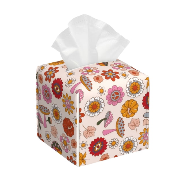 Fotbe Fall 70s Groovy Hippie Porta Pañuelos Decorativo de Cuero, Caja Cuadrada Moderna para Pañuelos Faciales, Organizador y Dispensador 5x5x5''