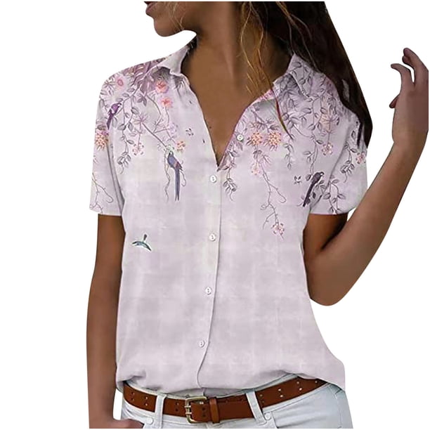 Tops de Mujer Camisas Tipo Cárdigan Camisa Con Botones Camisa de Manga Corta Con Cuello en V Solapa Blusas Con Estampado Floral Casual Odeerbi ODB155245