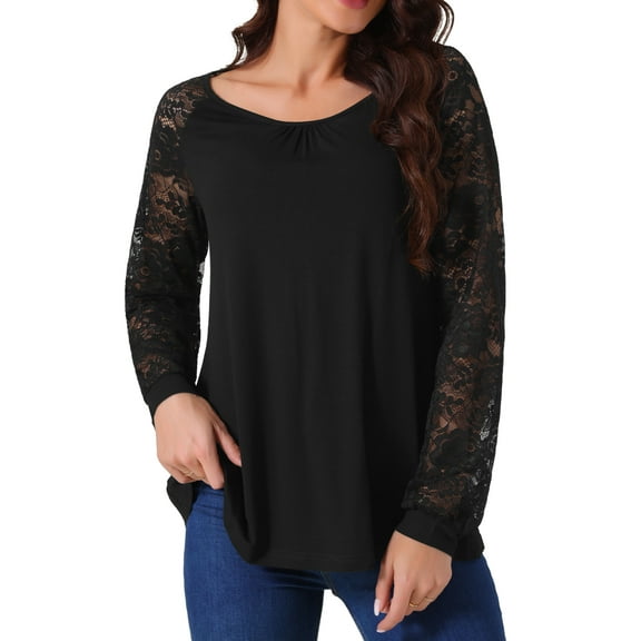 DARING DIVA Women's Lace Long Sleeve Crew Neck Casual Tops S Black