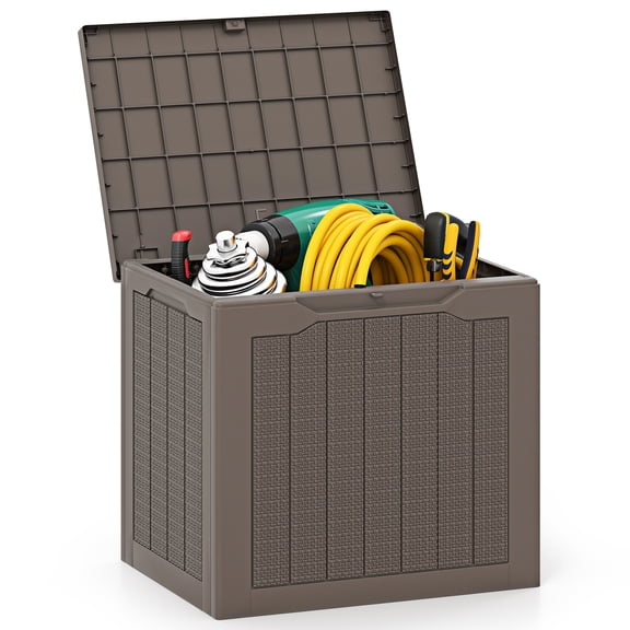 Gymax Outdoor Storage Box w/Lockable Lid & Wicker-woven Texture for Pool Accessories Brown