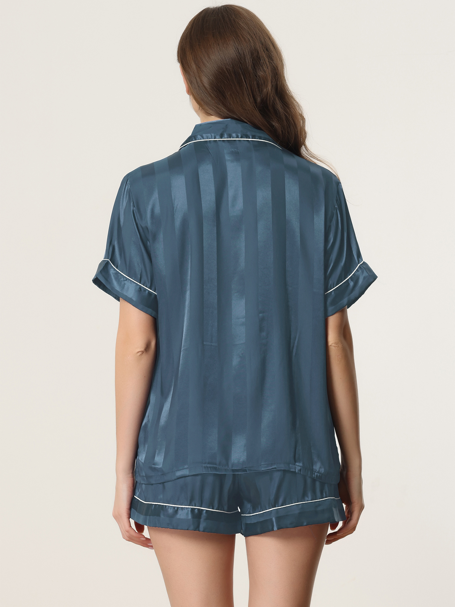 DARING DIVA Women's Satin Button Down Shirt and Shorts Pajama Set S Blue Green