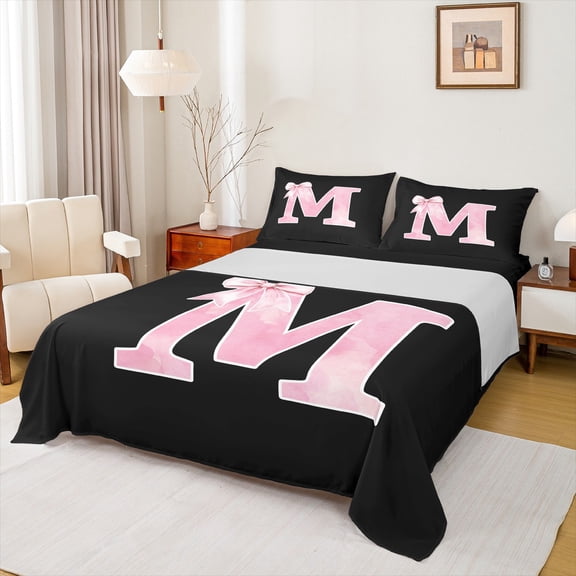 Manfei Monogrammed Girl Full Size Sheets 4pcs, Personalized Initial M Bed Sheets, Princess Bow Knot Sheet Sets, Black Pink Bedroom Decor