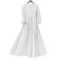 thumbnail image 4 of Mujeres Vestido Casual Suelto Y Casual Tres Cuartos de Mangas Cuello en V Vestido de Lino Mujeres, 4 of 9