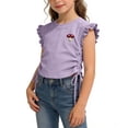 thumbnail image 2 of Girls Ruffle Sleeve Top Soft Cotton Mushroom Applique Shirt Kids Side Tie Crop Blouse Kids Summer Purple,Size 4-5T, 2 of 7