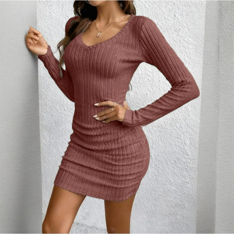 Stichou Women's Casual V Neck Long Sleeve Knit 2026 Trendy Winter Dresses  Solid Color A Line Midi Dress Spring Sweater Dress Wine XL