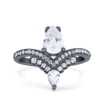 Black Tone, Simulated Cubic Zirconia Size-10 Art Deco Solitaire Accent Pear Wedding Engagement Bridal Ring Band 925 Sterling Silver