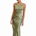 thumbnail image 6 of Olive Green Satin Slip Dress With Side Slit, Ruched Waist, Sleeveless Maxi Evening Gown, 6 of 8