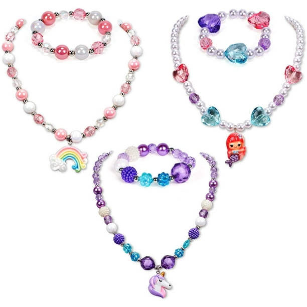 3 Sets Girl Princess Necklace Bracelet with Colorful Unicorn