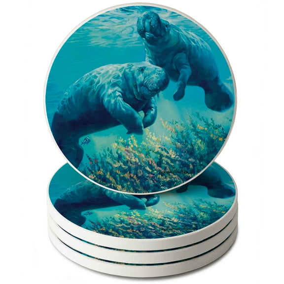 CounterArt "Manatees In Sunlight" Round Single Image Absorbent Stone Coaster 4 Pack