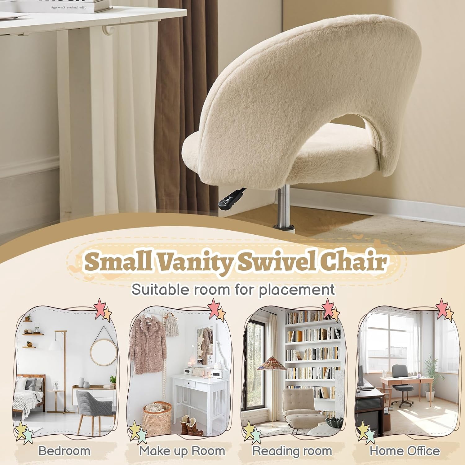 VINGLI Small Vanity Chair with Wheels for Girls.Cute Modern Adjustable Height Armless Office Desk Chair.360°Swivel Comfy Rolling Chair for Study, Make up Room,Small Space,Linen White