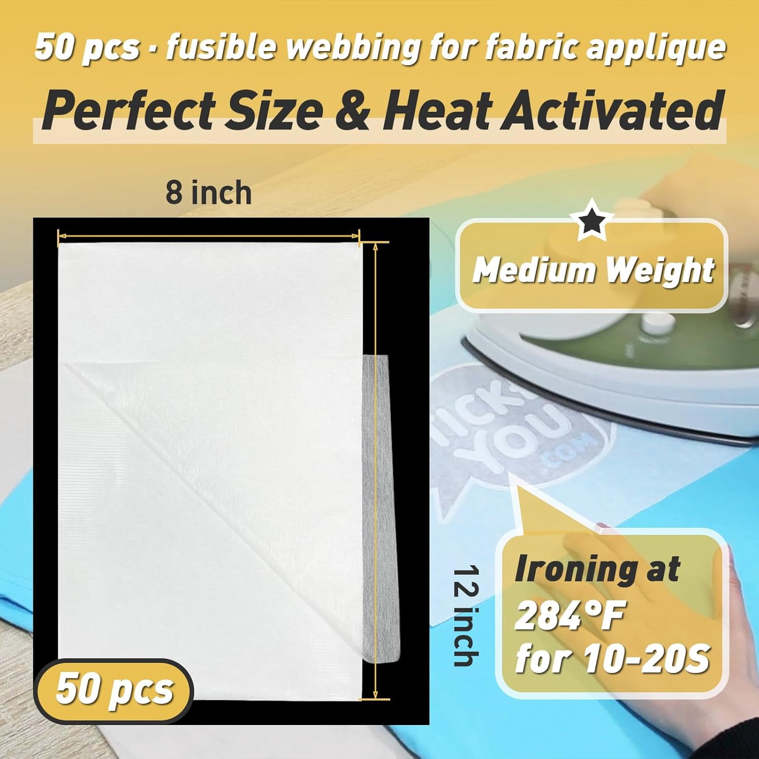 Stitch Witchery 50 Sheets, 8" x 12" Fusible Webbing for Fabric Applique, Medium Weight Fusible Interfacing, Stitch Witchery Fusible Bonding Web for Fabric for DIY Crafts