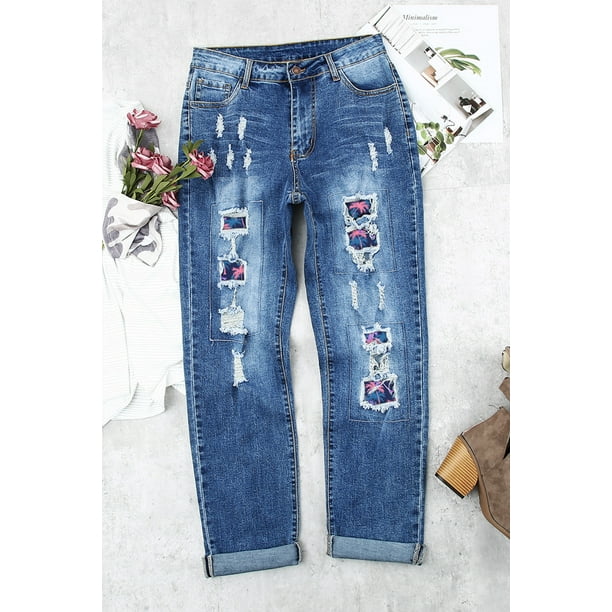 ABPHQTO Jeans de talle medio desgastados con patchwork de plantas tropicales azul cielo para mujer