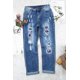 thumbnail image 1 of ABPHQTO Jeans de talle medio desgastados con patchwork de plantas tropicales azul cielo para mujer, 1 of 5