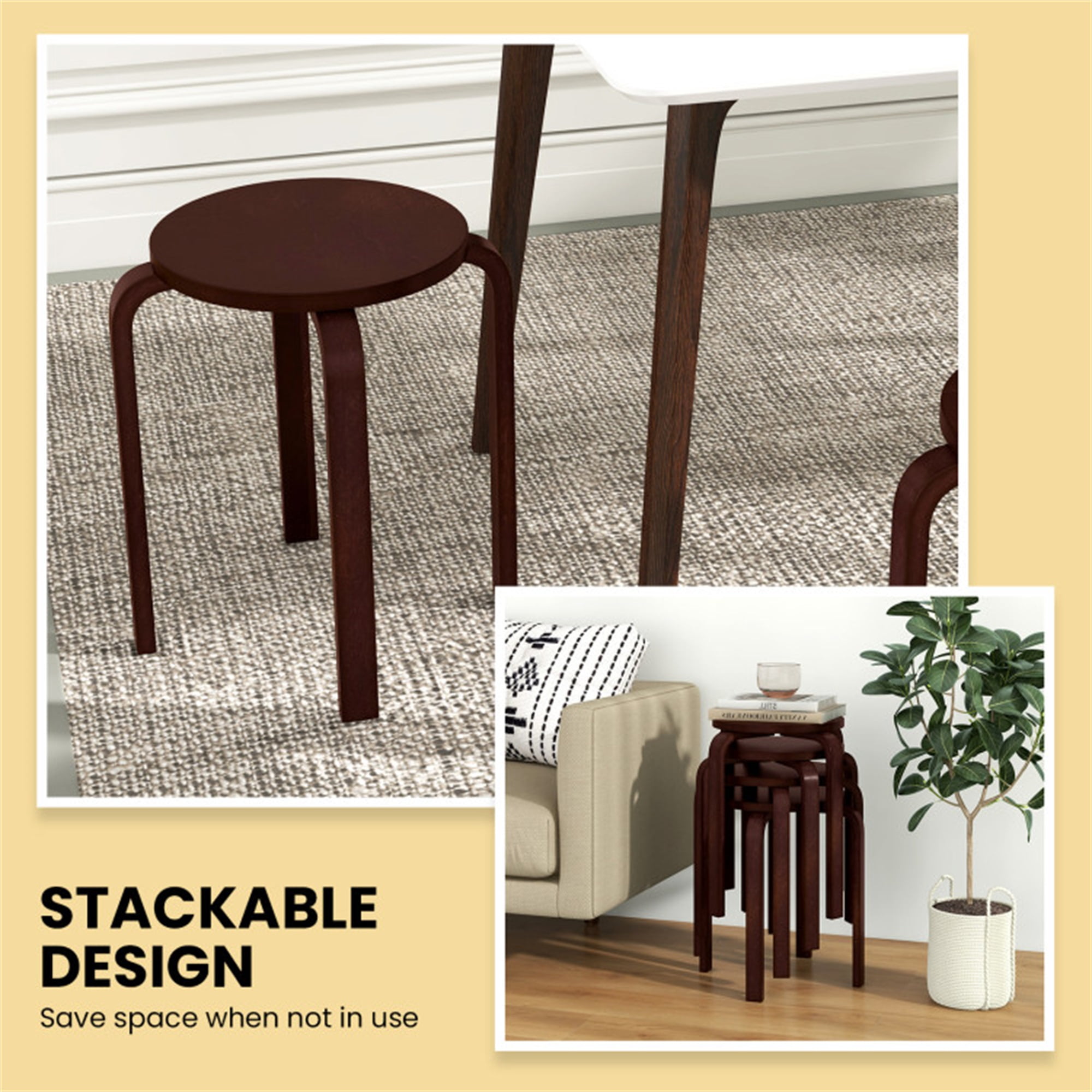 Demi Bonn Set of 4 18" Wood Home Backless Dining Chairs with Stackable Space Saving Design, Brown