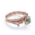 thumbnail image 3 of JeenMata Botanical Style - 1.75 Carat Cushion Cut Opaque Milky Moss Green Agate and Moissanite - Filigree Milgrain Wedding Set - 18K Rose Gold Plating over Silver, 3 of 6
